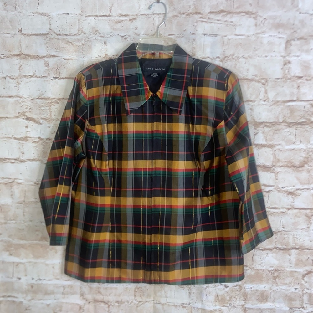 Anne Carson 100% Silk Plaid Zip Front Light Jacket Size Large